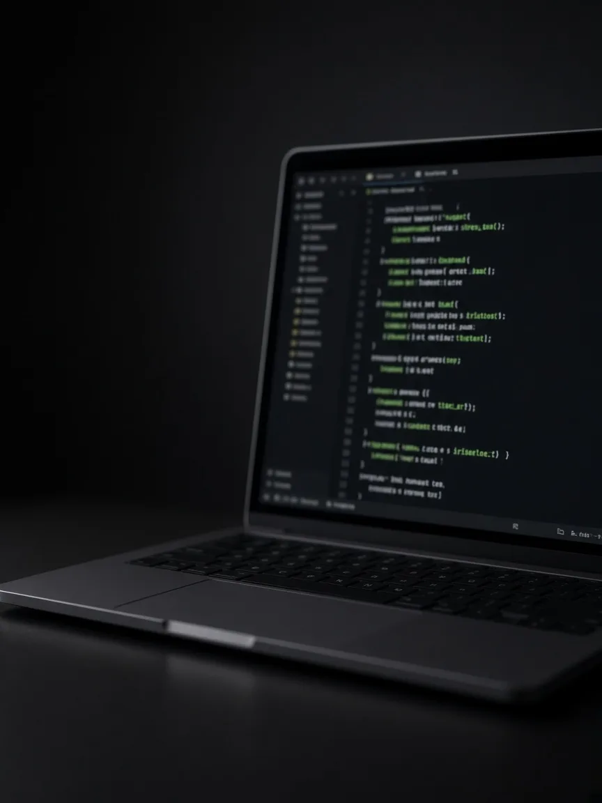 Laptop in a dark room showing code in a dark editor
